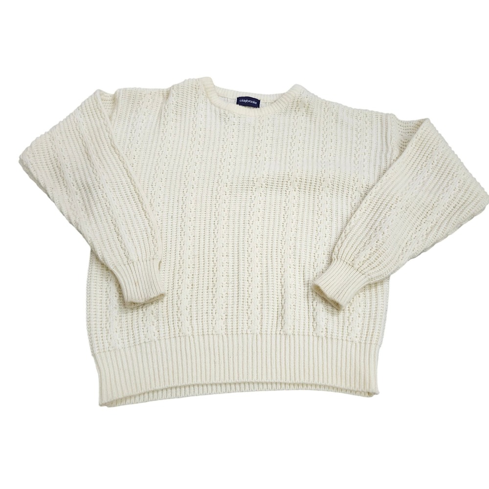 Claybrooke Mens Cream Cable Knit Crewneck Sweater Vintage Off White Size M